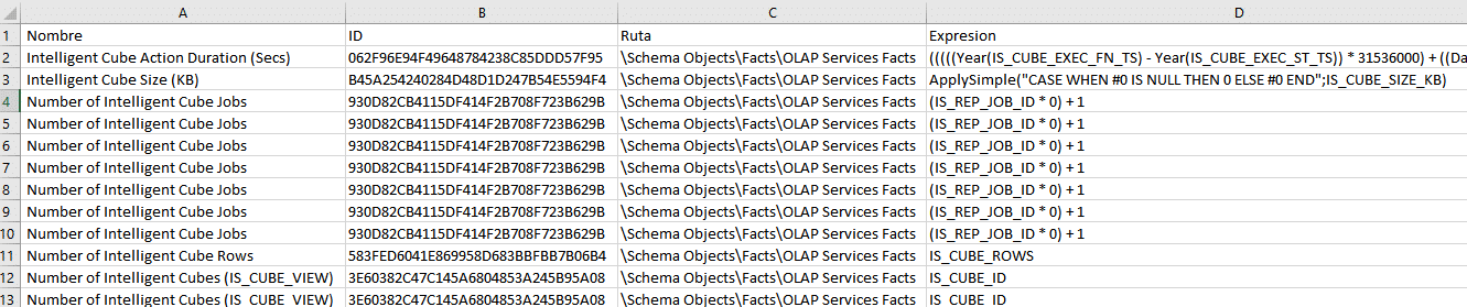 Obtener lista de hechos y sus características con Command Manager e importarlo en Excel