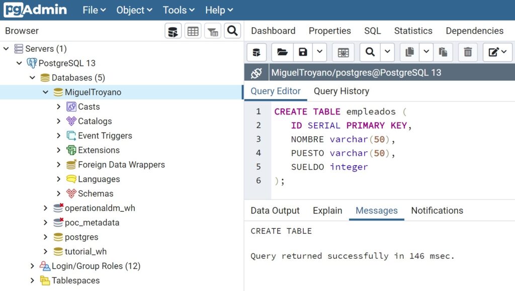 Crear una tabla con CREATE TABLE en PostgreSQL