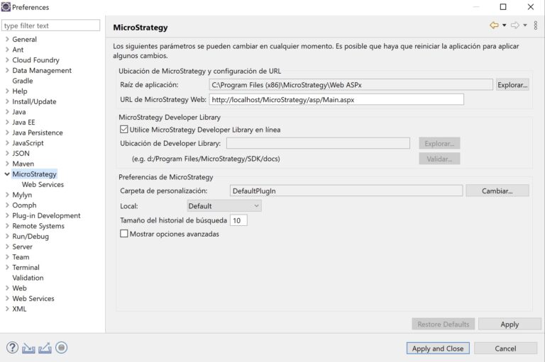 Cambiar ubicación de plugins en MicroStrategy Web Customization Editor