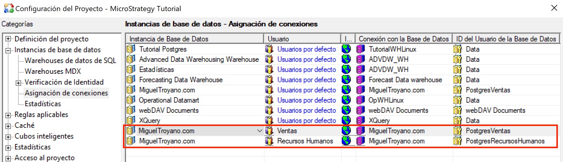 Asignación de conexiones de BBDD a usuarios o grupos en MicroStrategy