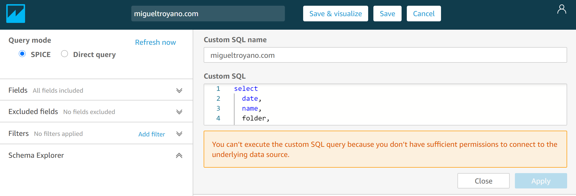 Error al editar un dataset compartido en Amazon QuickSight