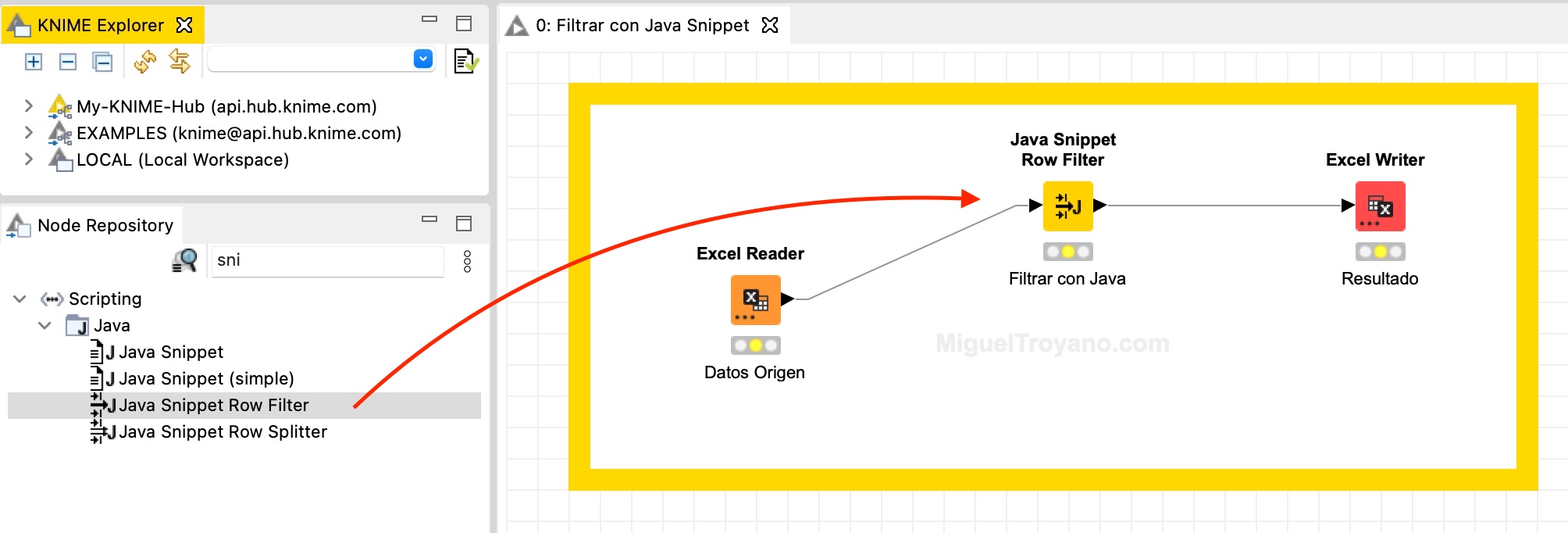 Filtrar filas utilizando código Java (snippet) con KNIME
