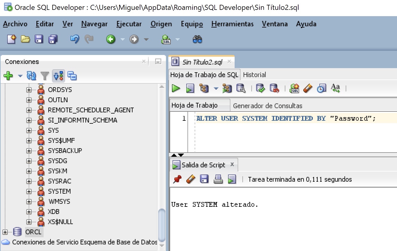 Sentencia para cambiar el password de un usuario en Oracle