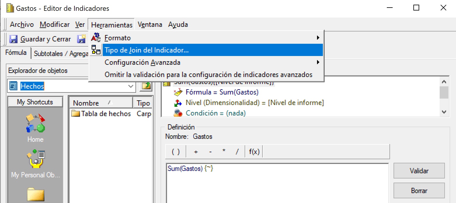 Cambiar join entre dos tablas de hechos en MicroStrategy