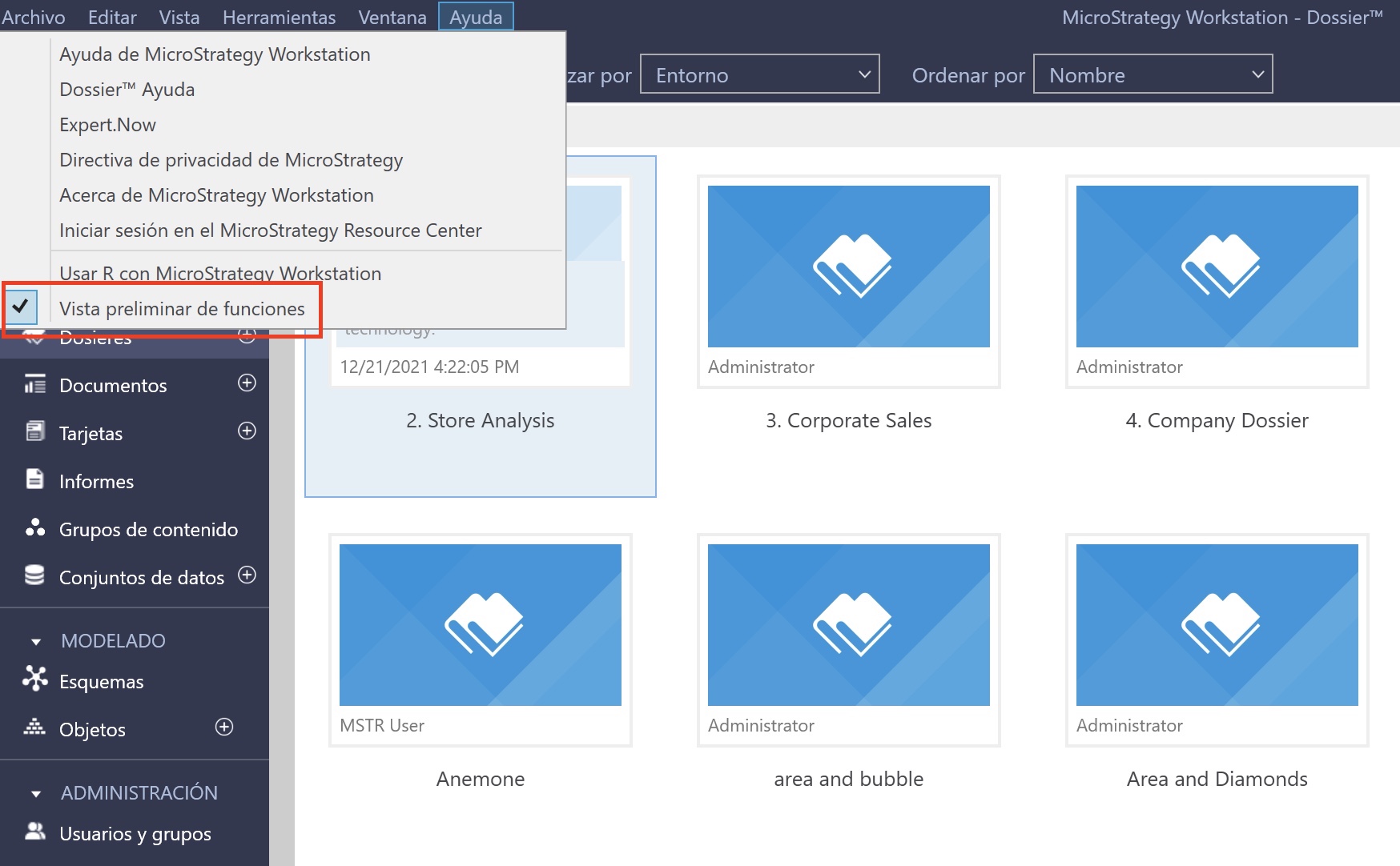 Vista preliminar de funciones en Workstation