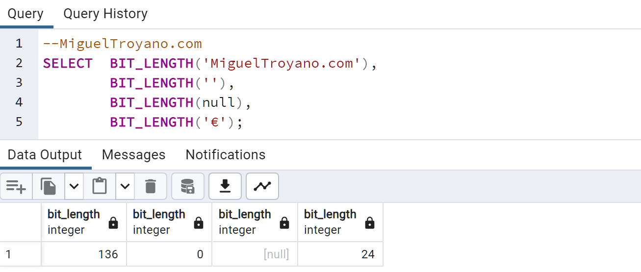 Función BIT_LENGTH en PostgreSQL