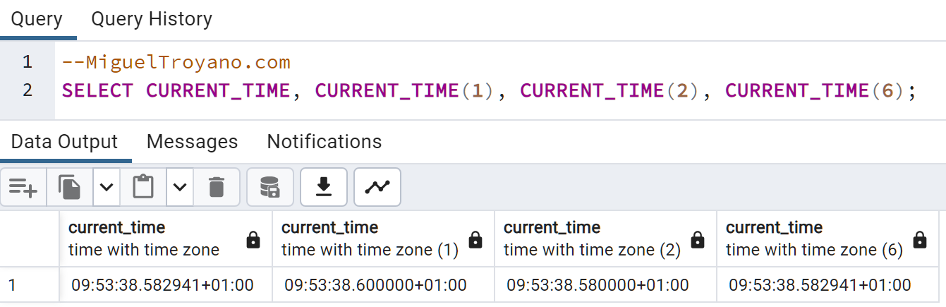 Función CURRENT_TIME en PostgreSQL