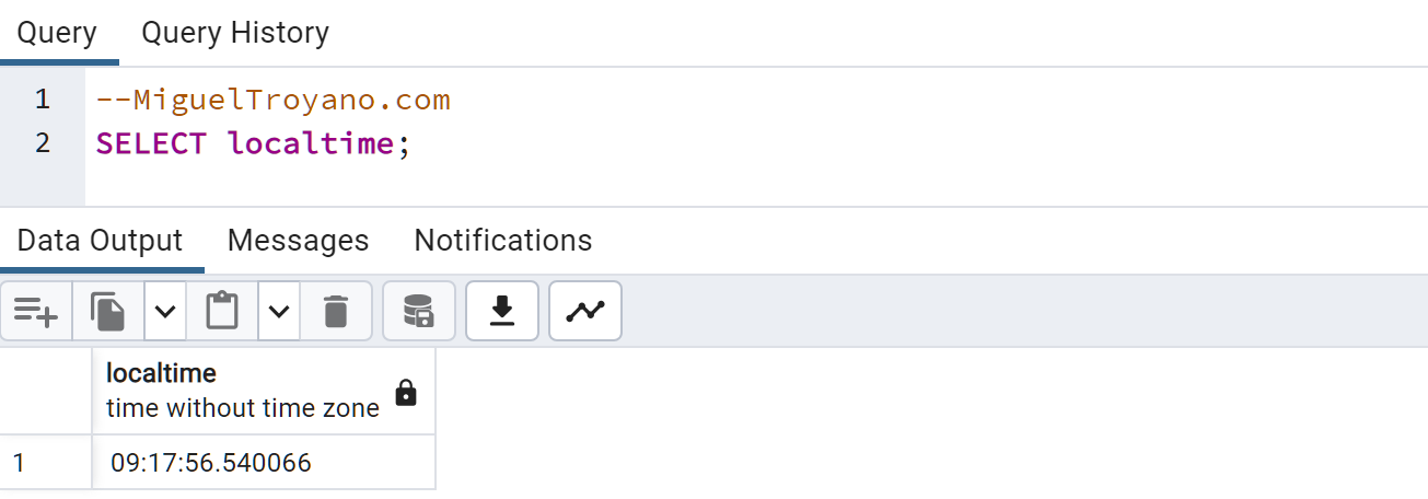 Función LOCALTIME en PostgreSQL