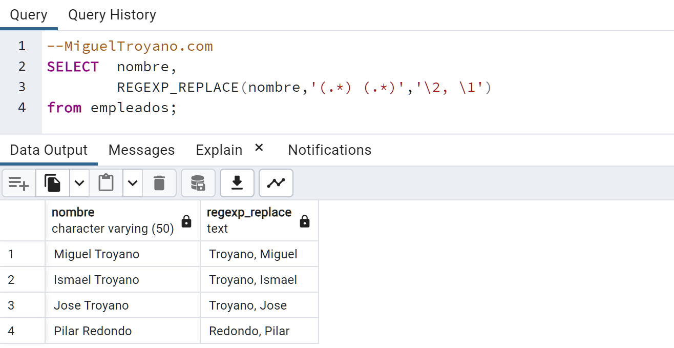 Función REGEXP_REPLACE en PostgreSQL