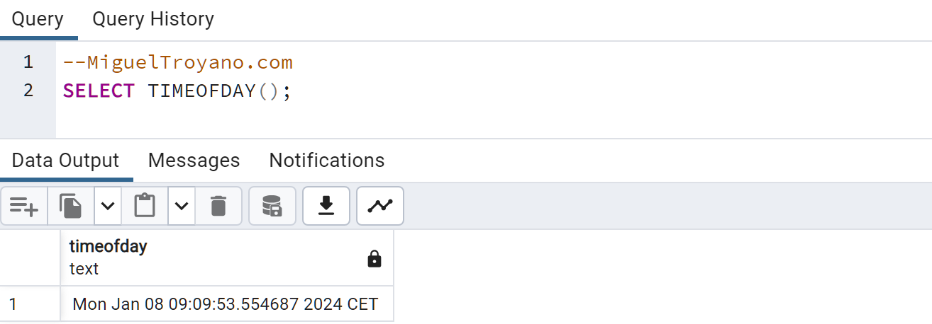Función TIMEOFDAY en PostgreSQL