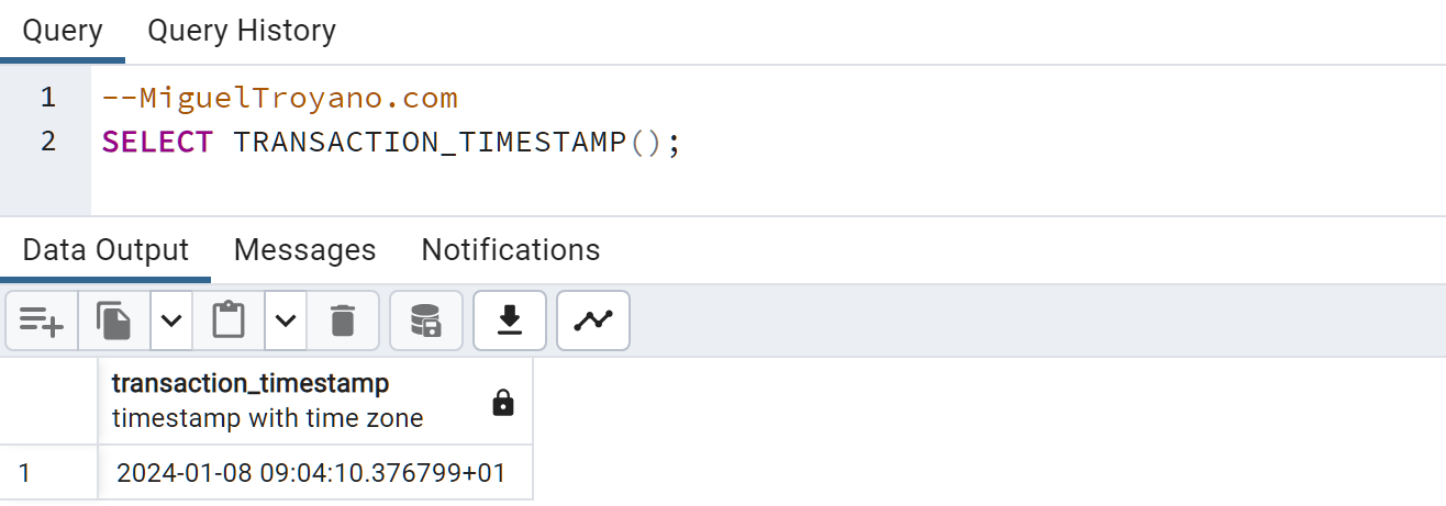 Función TRANSACTION_TIMESTAMP en PostgreSQL