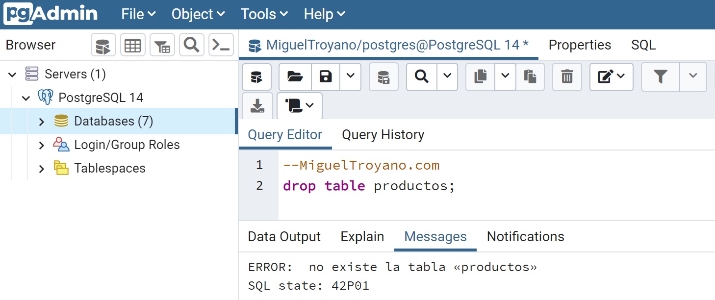 Borrar una tabla con DROP TABLE en PostgreSQL