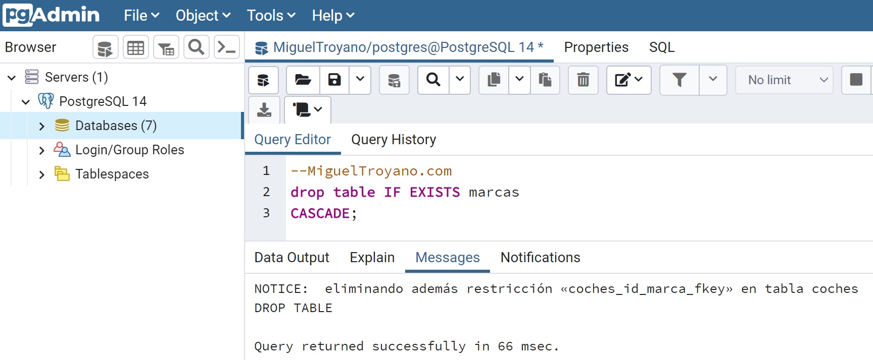 Borrar una tabla con DROP TABLE en PostgreSQL