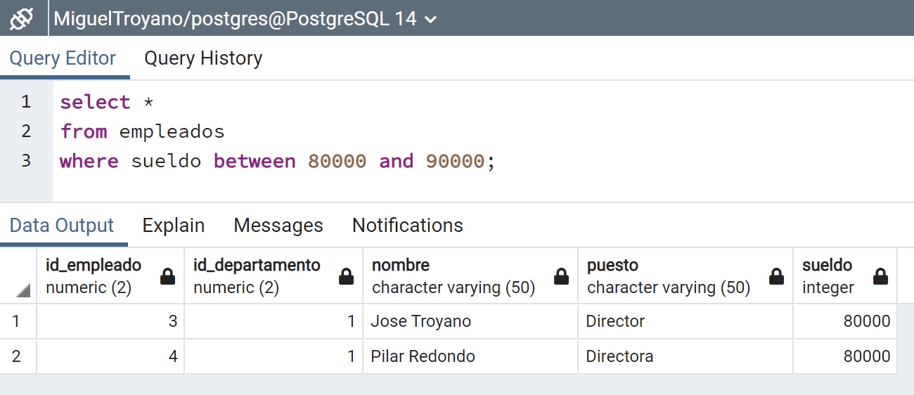 Operador between en PostgreSQL