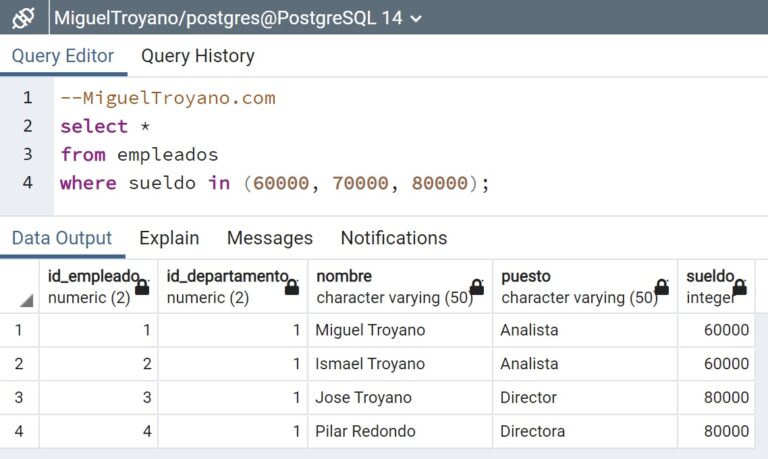 Operador IN en PostgreSQL