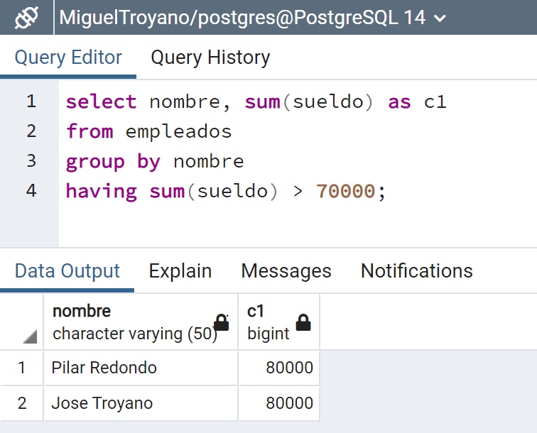 Filtrar grupos usando HAVING en PostgreSQL