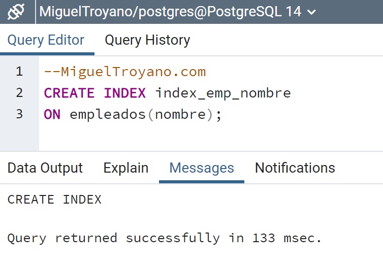 Crear índice usando CREATE INDEX en PostgreSQL