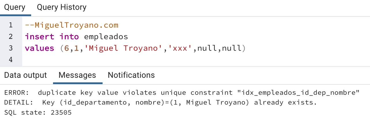 Crear índice único usando CREATE UNIQUE INDEX en PostgreSQL