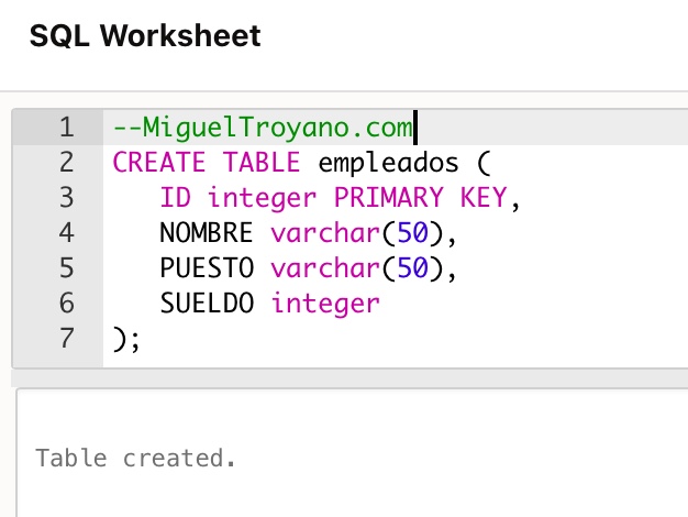Crear una tabla con CREATE TABLE en Oracle
