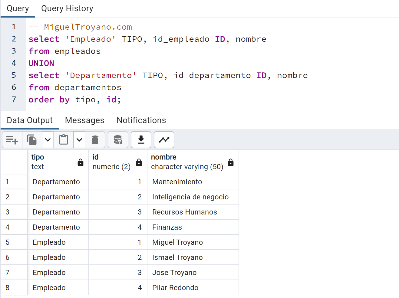 Combinación de consultas usando UNION en PostgreSQL