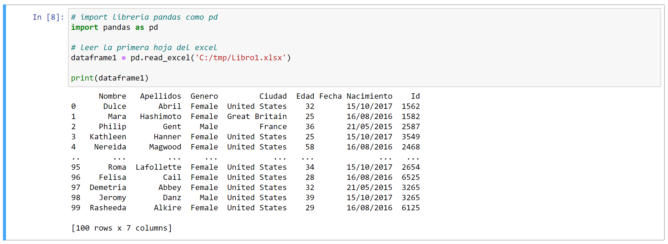 Crear un dataframe en Python leyendo un fichero Excel