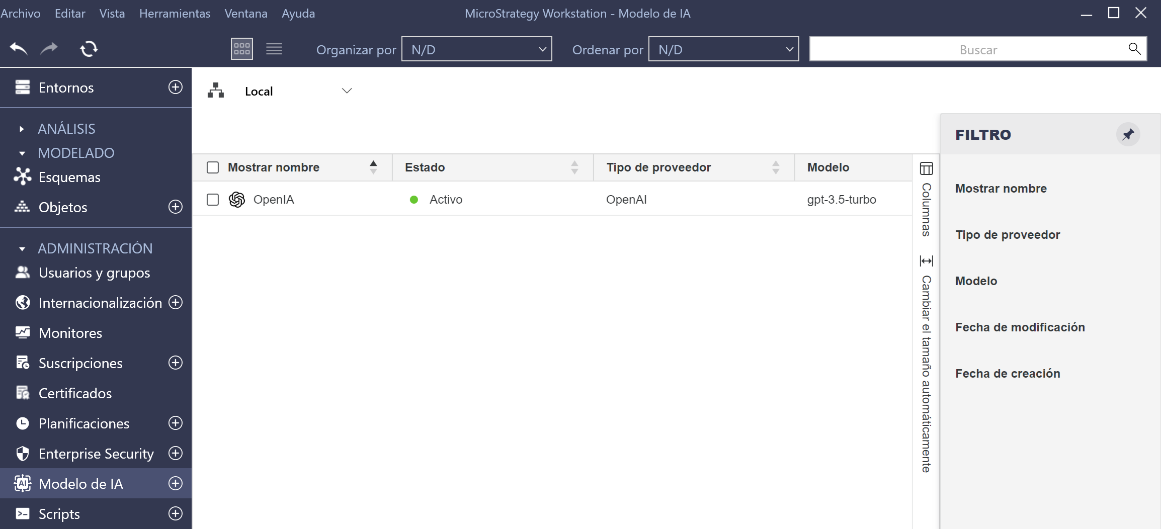 Crear un Modelo de IA en MicroStrategy Workstation