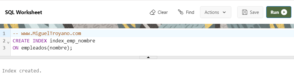 Crear indice usando CREATE INDEX Oracle