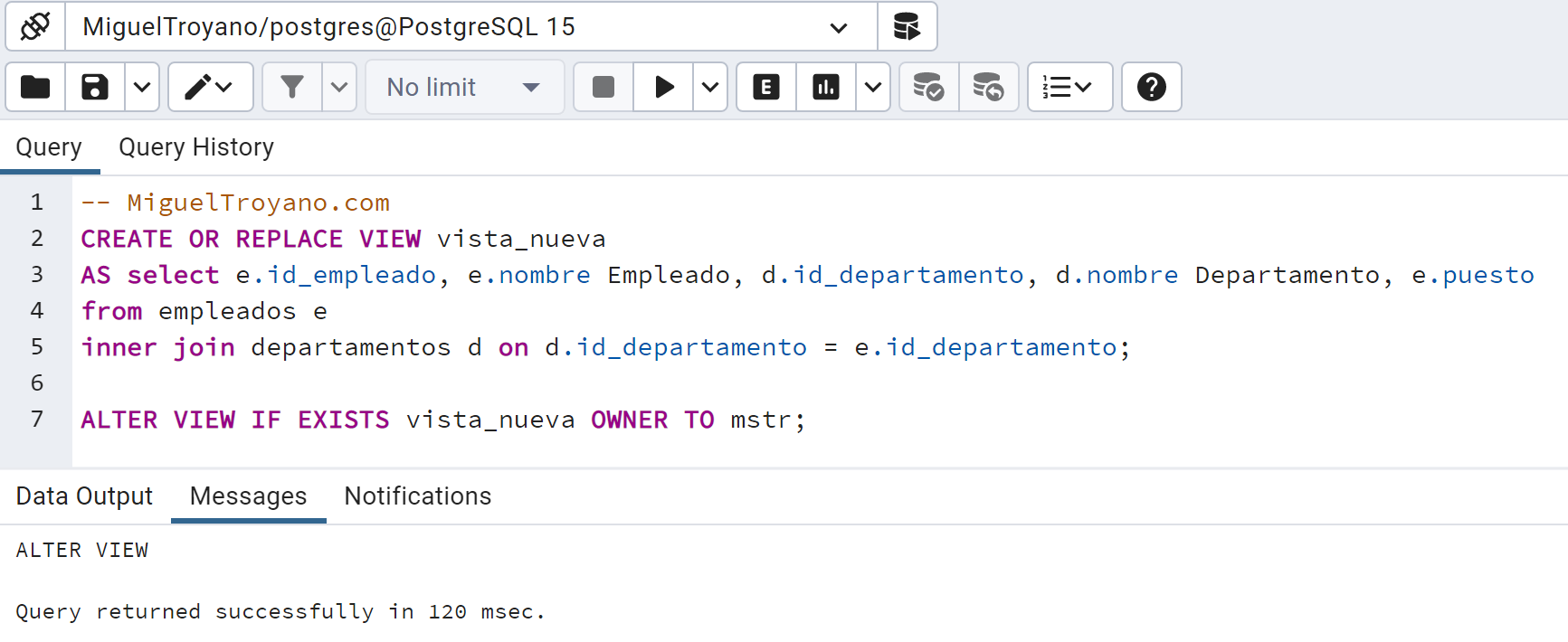 Modificar una vista con ALTER VIEW en PostgreSQL