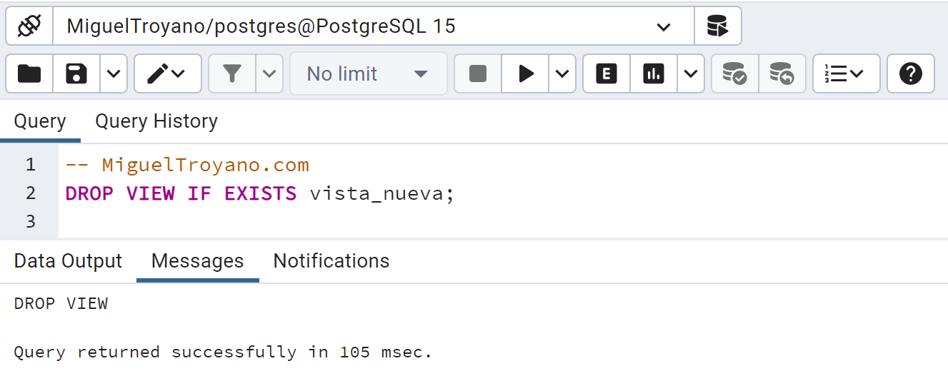 Borrar una vista con DROP VIEW en PostgreSQL