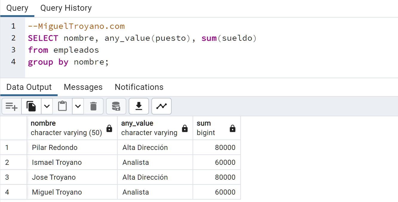 Función ANY_VALUES en PostgreSQL