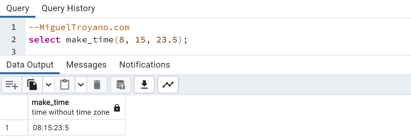 Función MAKE_TIME en PostgreSQL