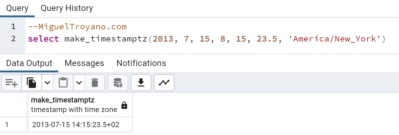 Función MAKE_TIMESTAMPTZ en PostgreSQL