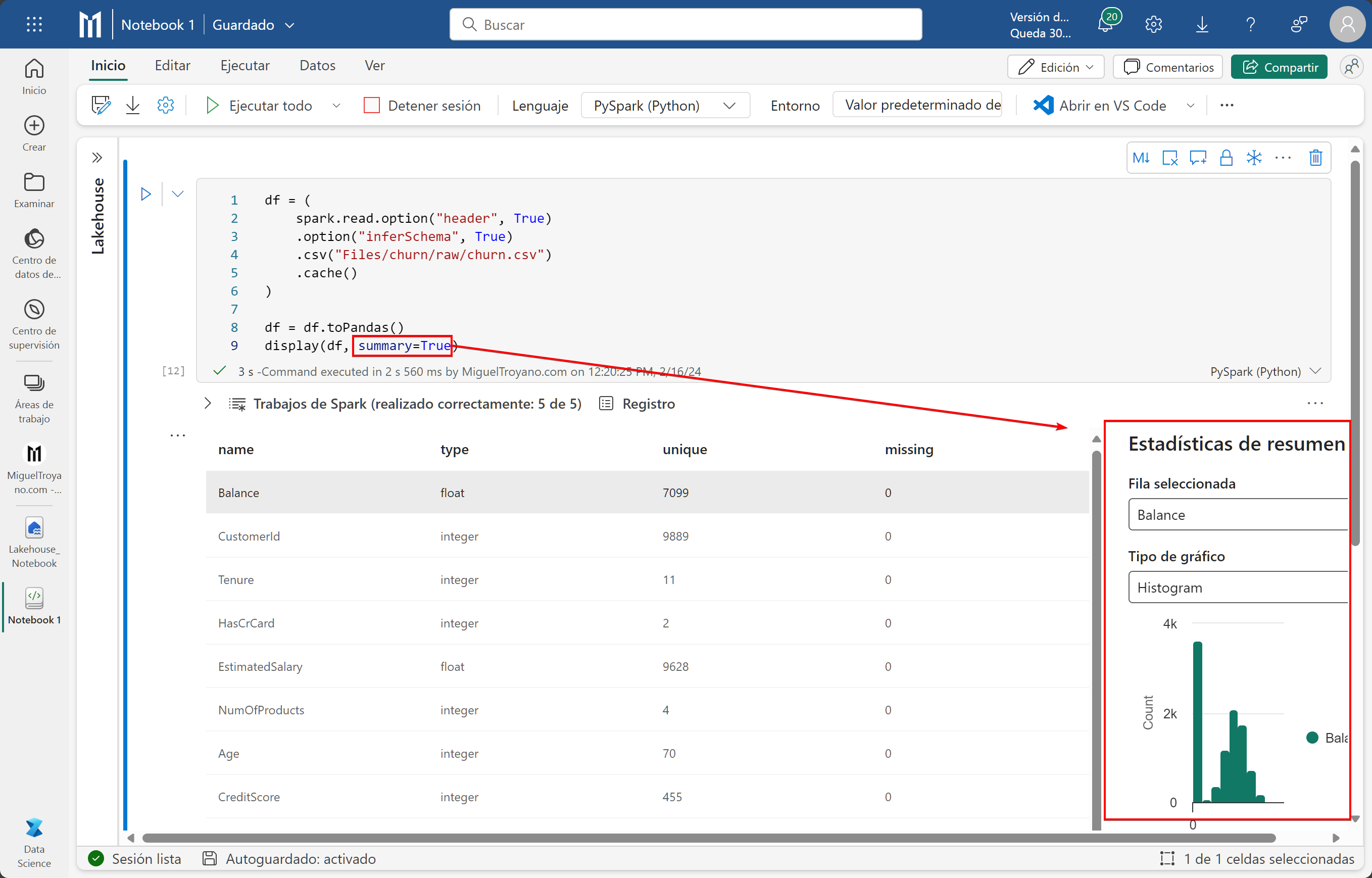 Notebook y Data Wrangler en Fabric